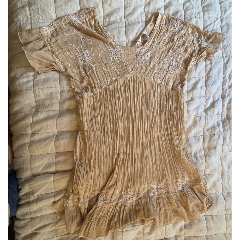 Kaktus Tunic Top Womens L Tan Boho Floral Embroidered Crinkle 100% Cotton